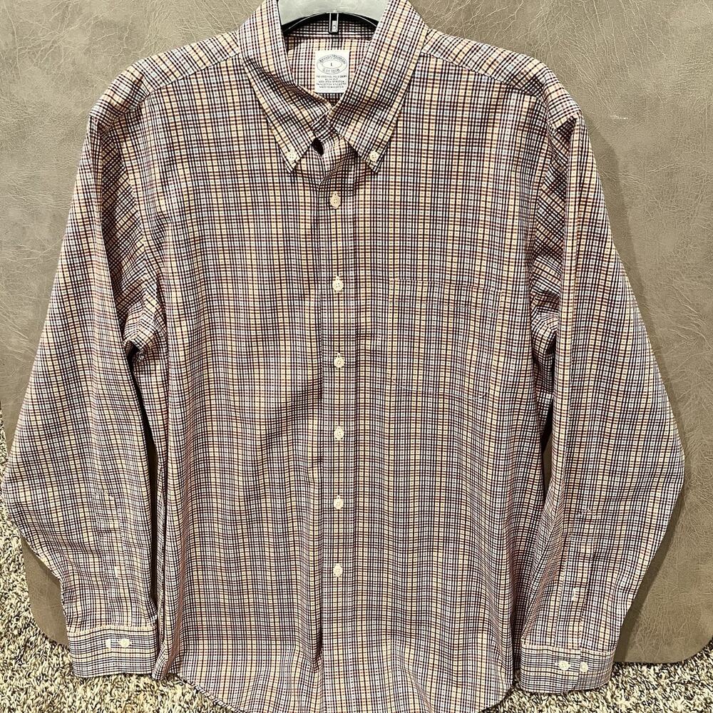 Brooks Brothers Shirt‎ Mens Large White Plaid Slim Fit Supima Cotton Button Down